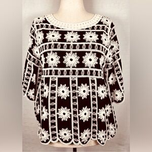 Crochet Blouse Black & Light Cream Floral Design Blouse